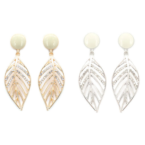 OPEN CUT LEAF WITH CRYSTALS PIERCED EARRINGS. GOLD, SILVER. SOLD IN SETS OF 2 ONLY.