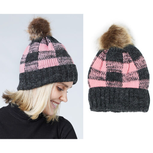 PINK/BLACK BUFFALO PLAID HAT W/ FUR POM POM