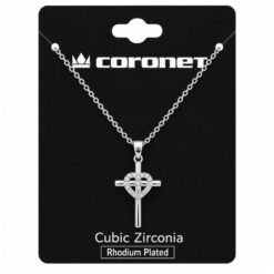 CZ CROSS WITH HEART NECKLACE. RHODIUM PLATED.