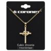 INTERLOCKING HEARTS & CROSS CZ NECKLACE. 14 KARAT GOLD DIPPED.
