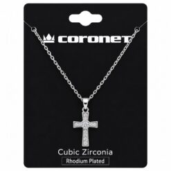 CZ CROSS WITH HEART CENTER NECKLACE. RHODIUM PLATED.