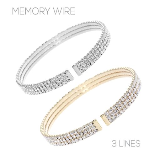 3 ROW 2MM RHINESTONE MEMORY WIRE BRACELET. SILVER, GOLD. SOLD IN SETS OF 2 ONLY.