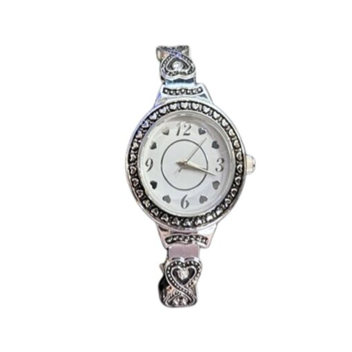 SILVER OVAL CUFF WATCH WITH HEARTS