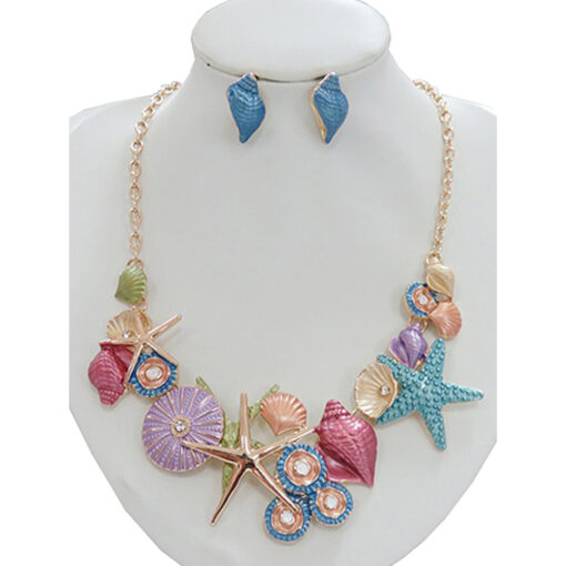 GOLD MULTI COLOR ENAMEL SEA LIFE NECKLACE SET