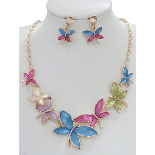 GOLD/MULTI COLOR ENAMEL DRAGONFLY NECKLACE SET