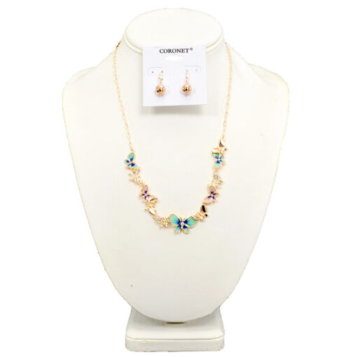 GOLD PASTEL ENAMEL WITH CRYSTALS BUTTERFLY NECKLACE SET