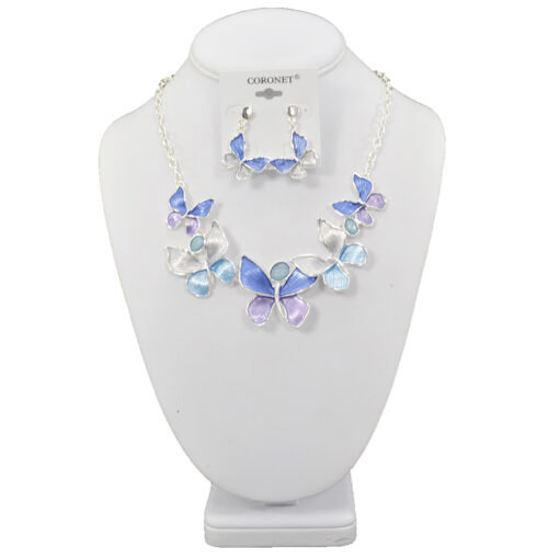 SILVER MULTI BLUE ENAMEL BUTTERFLY NECKLACE SET