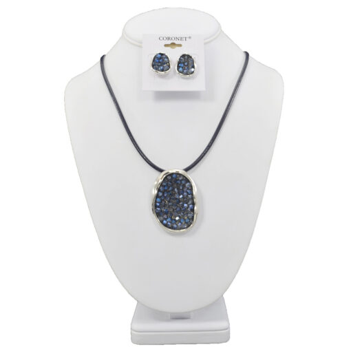 DRUZY BLUE OVAL ON BLACK NECKLACE CORD NECKLACE SET