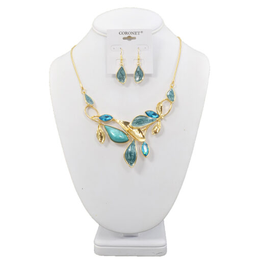 GOLD/TEAL ENAMEL & CRYSTAL NECKLACE SET