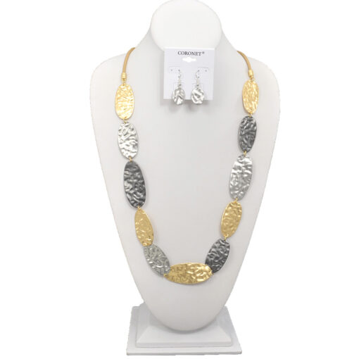 LONG TRI-TONE HAMMERED NECKLACE SET