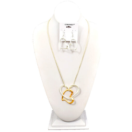 LONG TWO TONE LINKED HEARTS PENDANT NECKLACE SET