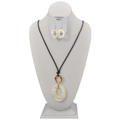 LONG GOLD/IVORY PENDANT ON BLACK CORD NECKLACE SET