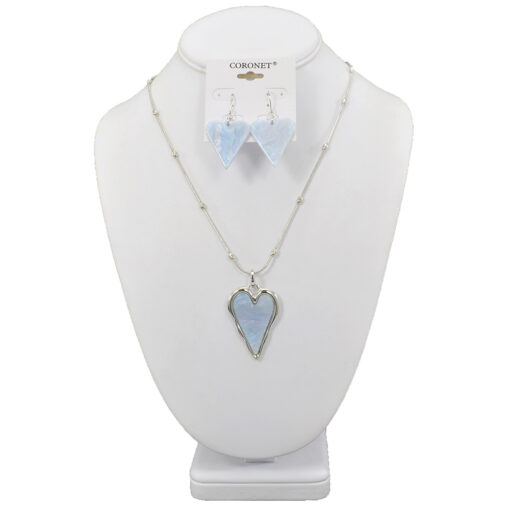 SILVER WITH BLUE FAUX OPAL HEART NECKLACE SET