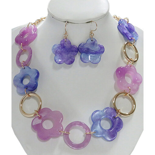 MULTI PURPLE RESIN FLOWER NECKLACE SET