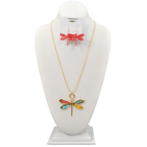 GOLD/MULTI COLOR DRAGONFLY PENDANT NECKLACE SET