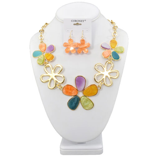 GOLD/MULTI ACRYLIC FLOWER NECKLACE SET