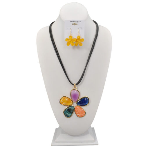 MULTI COLOR FLOWER PENDANT ON BLACK CORD NECKLACE SET