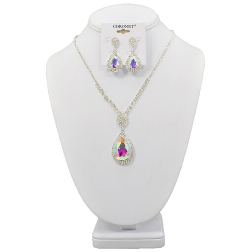 SILVER AURORA BOREALIS & CLEAR RHINESTONE TEARDROP NECKLACE SET