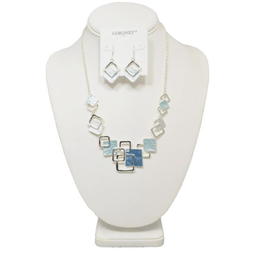 SILVER & BLUE ENAMEL SQUARES NECKLACE SET