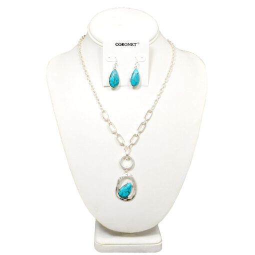 SILVER & FAUX TURQUOISE TEARDROP PENDANT NECKLACE SET