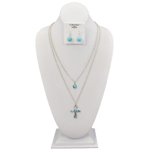 2 LAYER SILVER/FAUX TURQUOISE CROSS NECKLACE SET