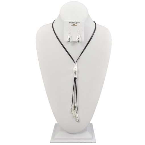 LONG SILVER DROPS ON BLACK CORD NECKLACE SET