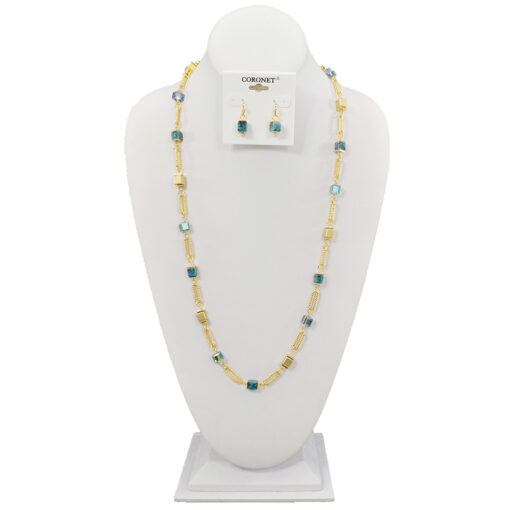 GOLD WITH BLUE/GREEN & NATURAL STONE BEADS LONG NECKLACE SET