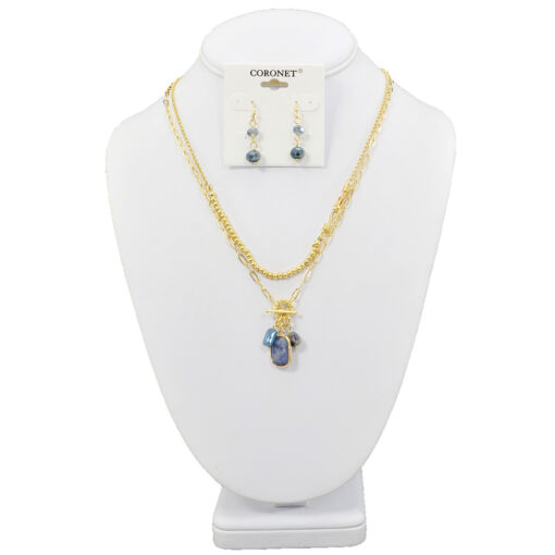 TWO LAYER GOLD & BLUE STONE CHARMS NECKLACE SET