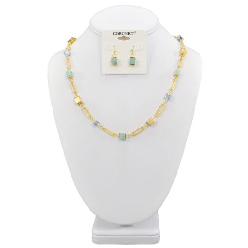 GOLD WITH TURQUOISE & BROWN BEADS NECKLACE SET