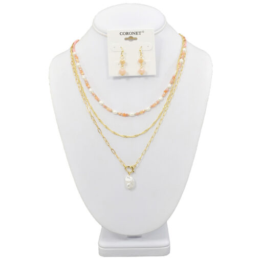 THREE LAYER GOLD/PINK/PEARL NECKLACE SET