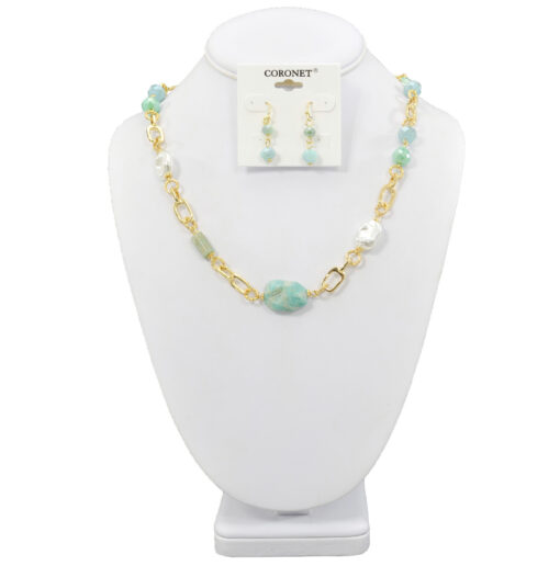 GOLD CHAIN WITH MINT & PEARL BEADS NECKLACE SET