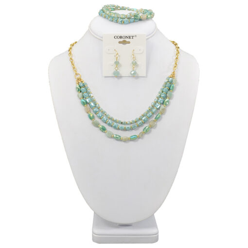 GOLD WITH AQUA BEADS 3 LAYER NECKLACE SET. SEE 24672 FOR MATCHING BRACELET.