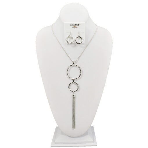 SILVER MULTI CIRCLE & TASSEL LONG PENDANT NECKLACE SET