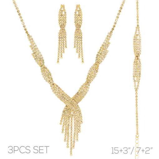 GOLD/CLEAR RHINESTONE Y-NECKLACE, EARRING & BRACELET SET