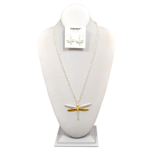 LONG TWO TONE DRAGONFLY PENDANT NECKLACE SET