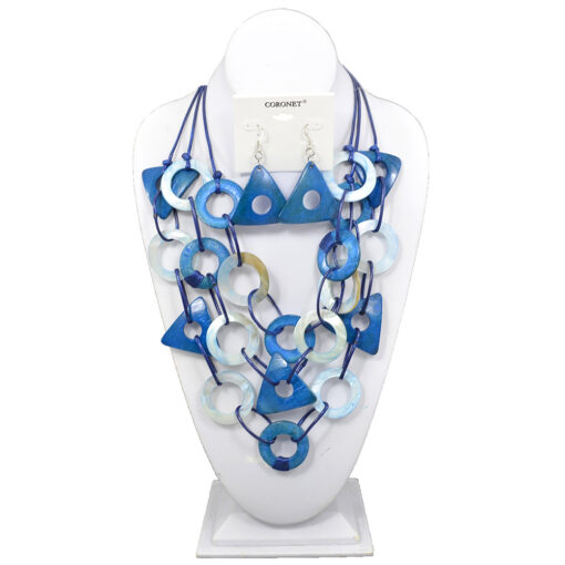 3 STRAND BLUE WAX CORD WITH SHELL & WOOD DISCS NECKLACE SET