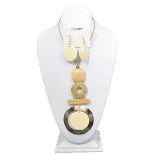 ADJUSTABLE NATURAL WAX CORD WITH WOOD & DONUT SHELL PENDANT NECKLACE SET