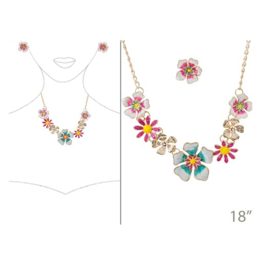 PINK MULTI ENAMEL FLORAL NECKLACE SET