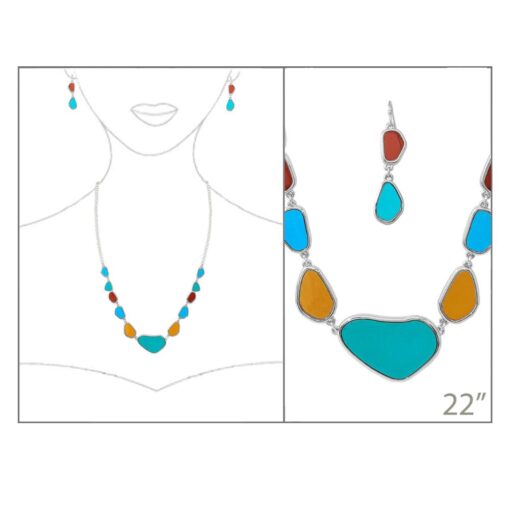 STAINED GLASS LOOK TEAL/BLUE/CORAL NECKLACE SET