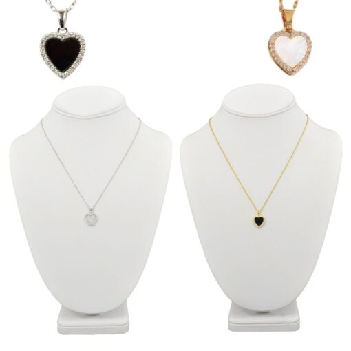 STAINLESS STEEL REVERSIBLE MOTHER-OF-PEARL & JET WITH CRYSTALS HEART PENDANT NECKLACE. SILVER, GOLD. SOLD IN SETS OF 2 ONLY.