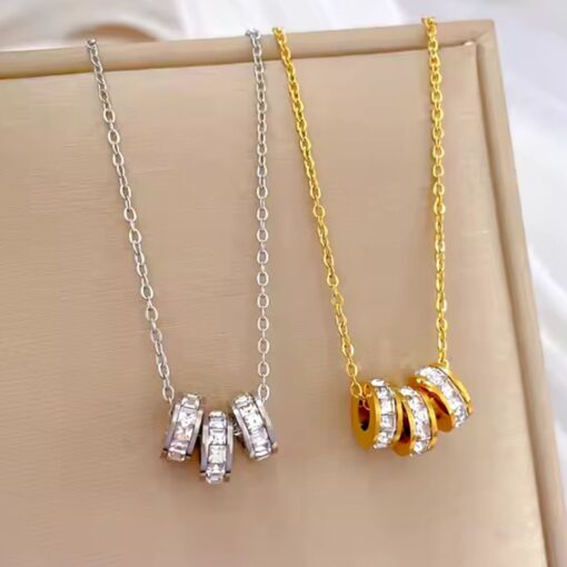 STAINLESS STEEL PAVÉ CRYSTAL 3 BARREL PENDANT NECKLACE. SILVER, GOLD. SOLD IN SETS OF 2 ONLY.