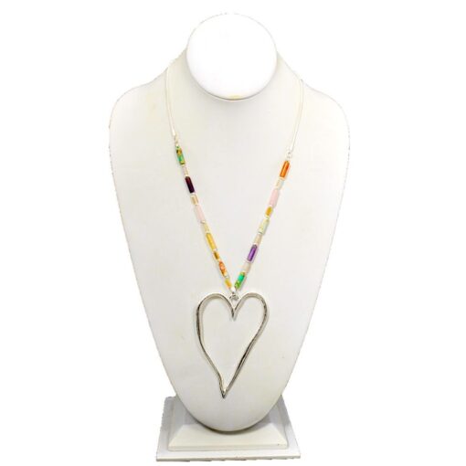 LONG PASTEL BEADED SILVER HEART NECKLACE