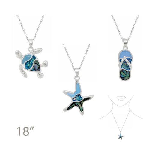 SILVER SEA LIFE OPAL/ABALONE NECKLACES. TURTLE, STARFISH, FLIP FLOP. SOLD IN SETS OF 3 ONLY. SEE 22693 FOR MATCHING EARRINGS.