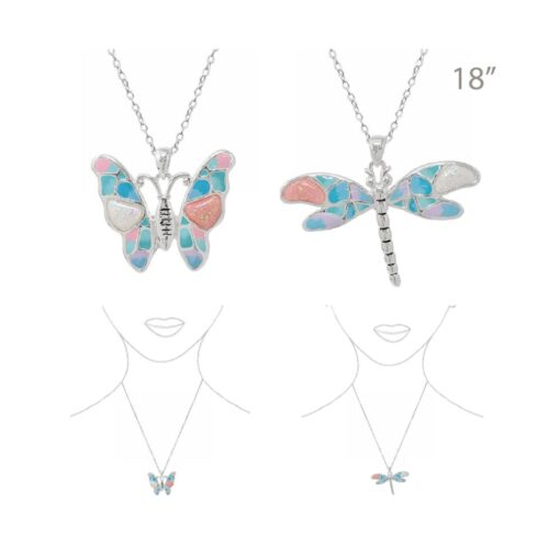 PASTEL OPAL/EPOXY PENDANT NECKLACE. BUTTERFLY, DRAGONFLY. SOLD IN SETS OF 2 ONLY. SEE 22695 FOR MATCHING EARRINGS.