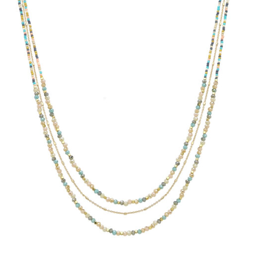 3 ROW LIGHT MULTI GLASS BEAD & CHAIN NECKLACE