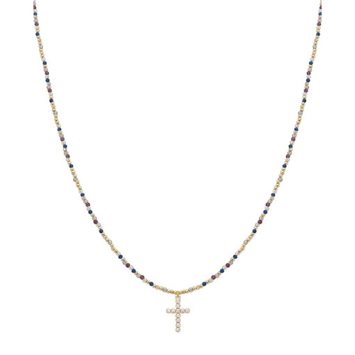 MULTI COLOR DELICATE BEADS WITH CRYSTAL CROSS PENDANT NECKLACE