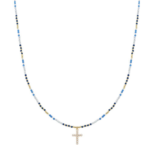 MULTI BLUE DELICATE BEADS WITH CRYSTAL CROSS PENDANT NECKLACE