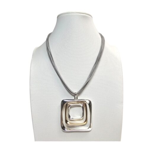 TWO TONE SQUARE PENDANT NECKLACE ON GREY CORD WITH MAGNETIC CLASP