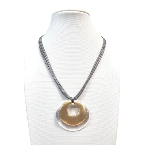 SILVER/GOLD LAYERED CIRCULAR PENDANT NECKLACE WITH MAGNETIC CLASP