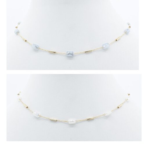 DAINTY STATION GLASS BEAD CHAIN NECKLACE. LT. BLUE, WHITE. SOLD IN SETS OF 2 ONLY.